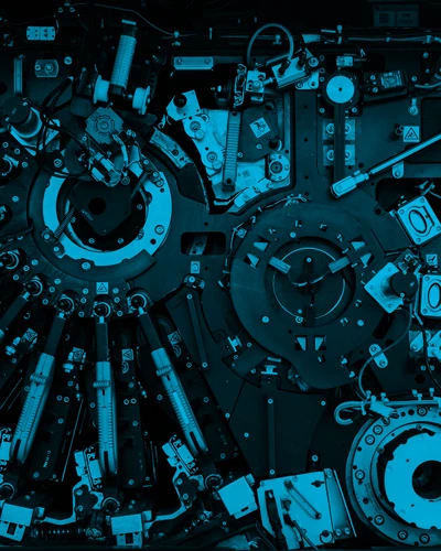 Close-up view of a complex, industrial machine.
